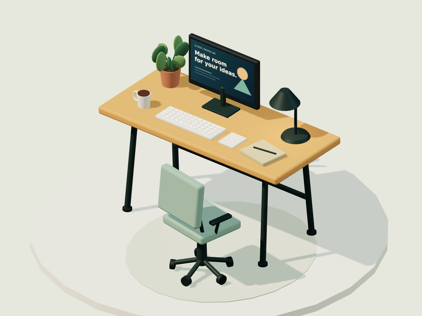 Кадр 3D-сцены AI Desk: стол с монитором, креслом, лампой и растением