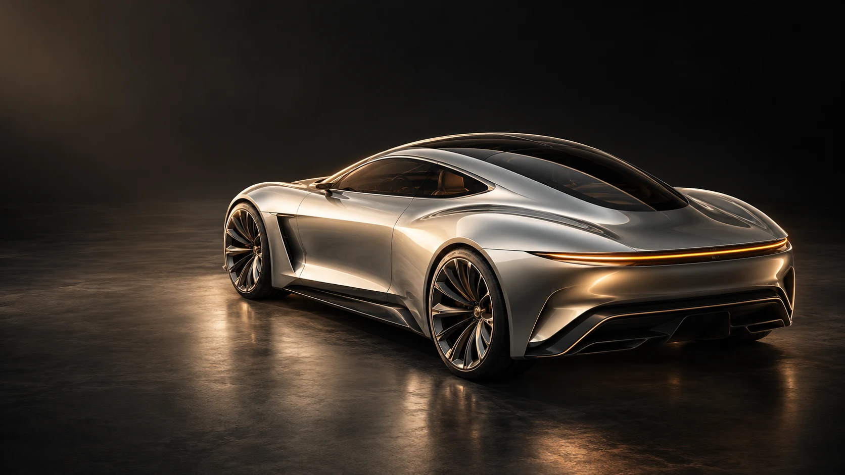 Серебристый концепт-кар VESPER в тёмной студии — авторский AI-рендер