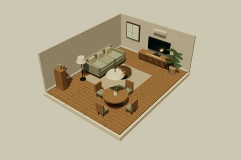 Room Control: кадр работающей 3D-сцены с диваном, столом и светильниками