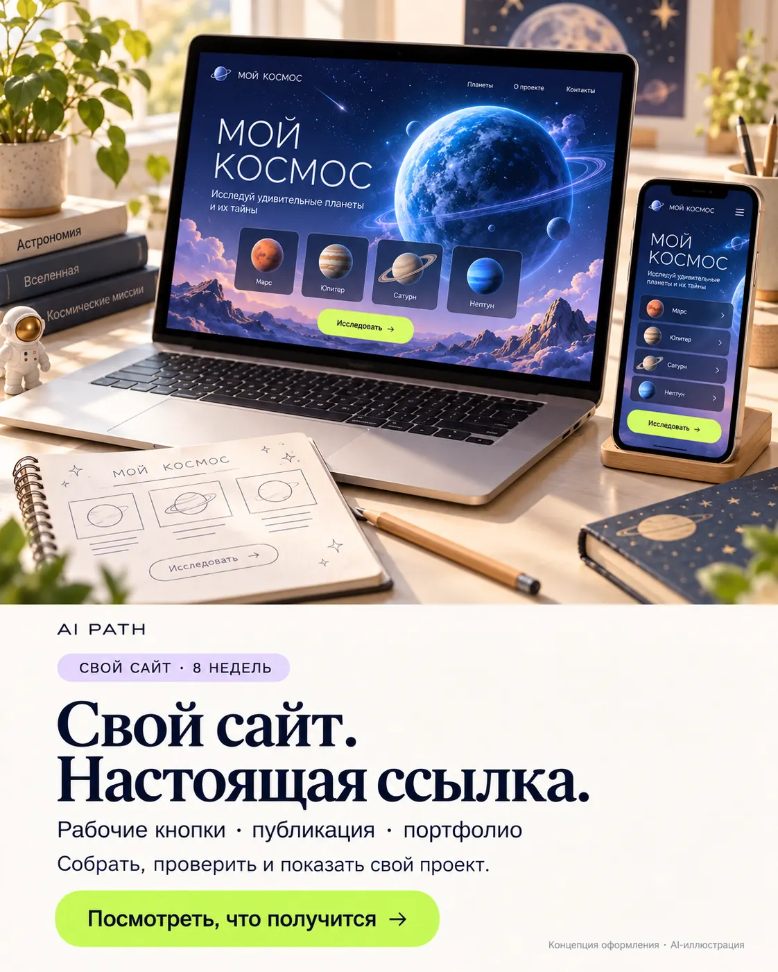 AI-концепция: сайт «Мой космос» на ноутбуке и телефоне, рядом эскиз страницы