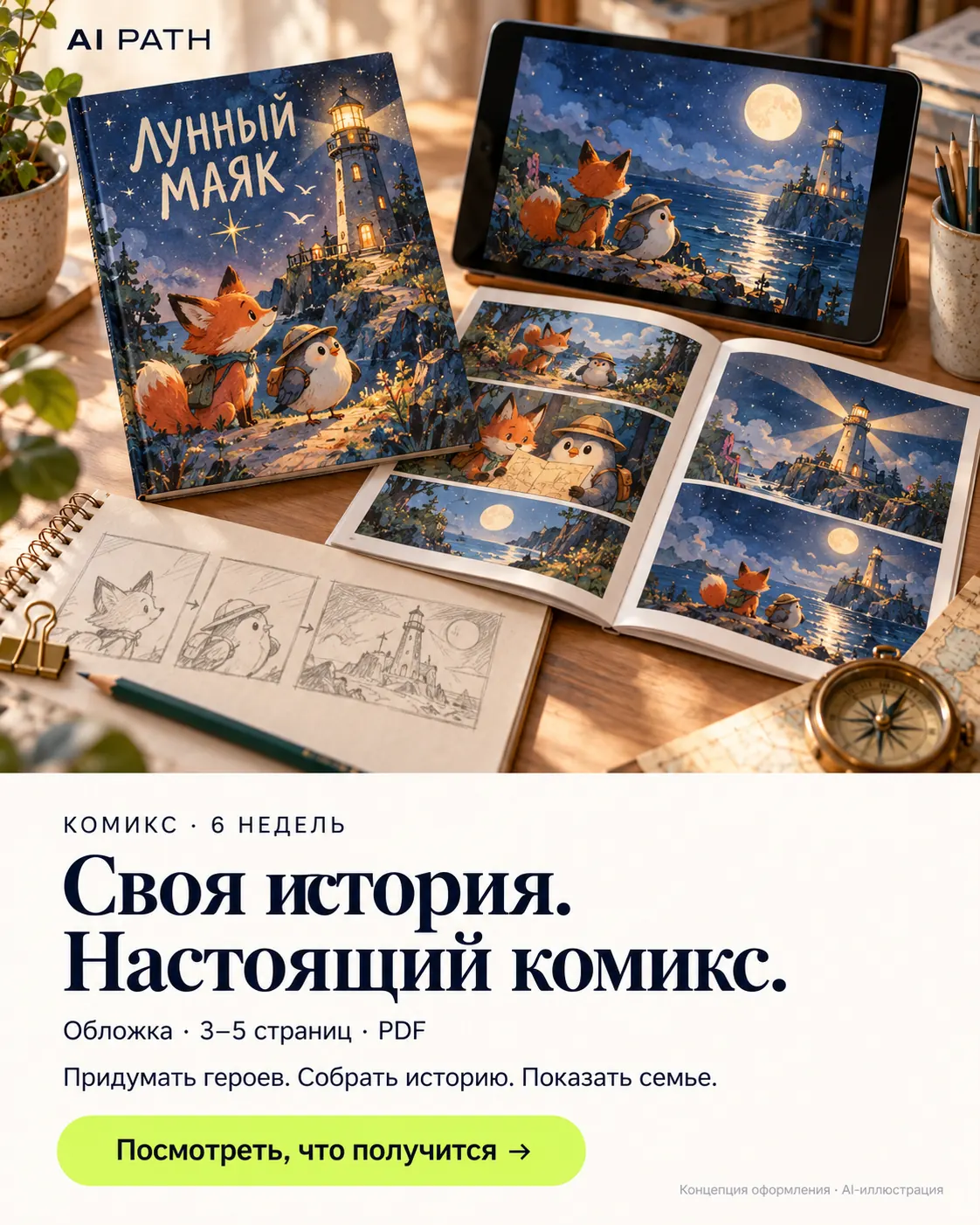 AI-концепция: обложка и страницы комикса «Лунный маяк», планшет и набросок раскадровки