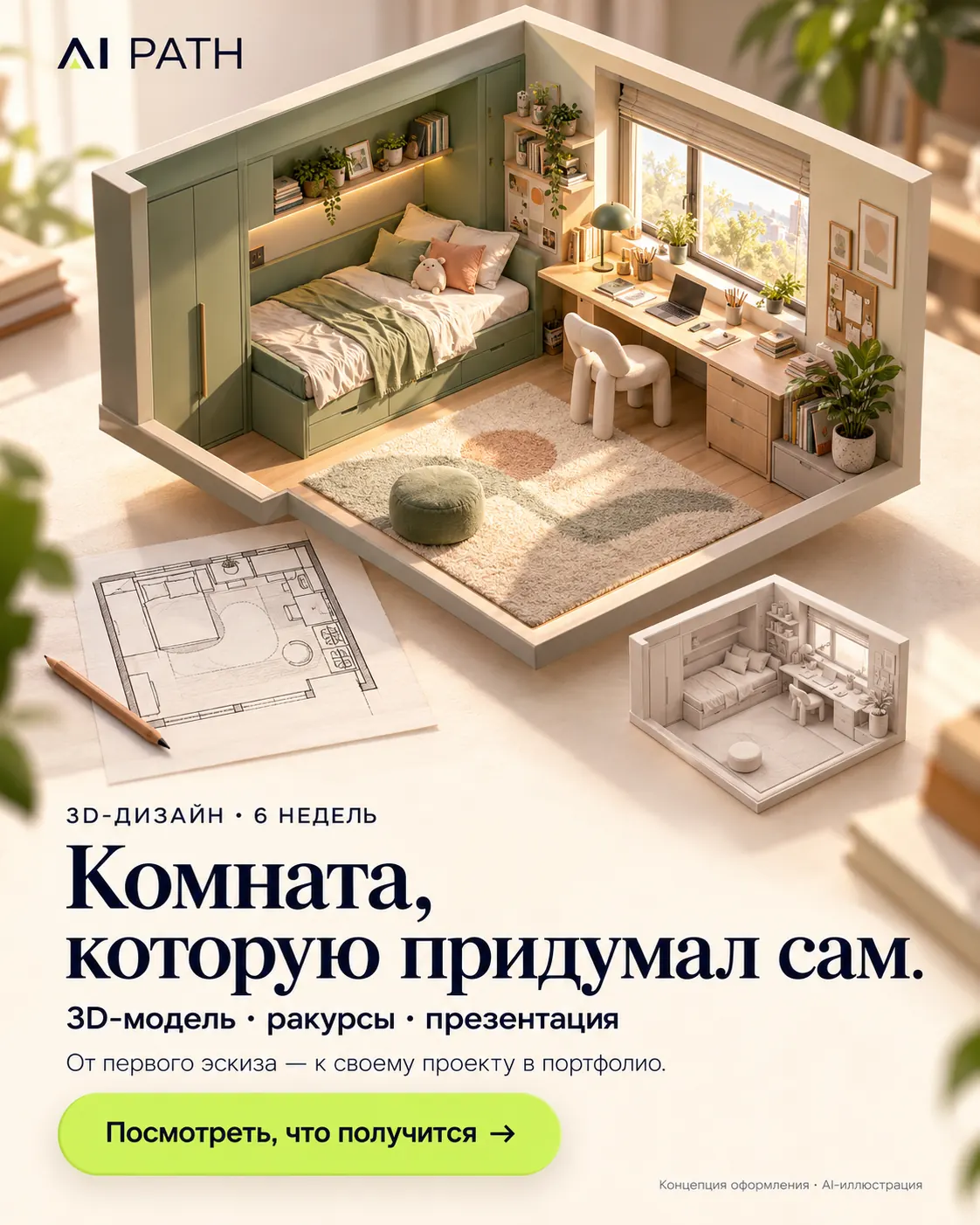 AI-концепция: уютная комната в виде объёмной модели, рядом план и модель без материалов