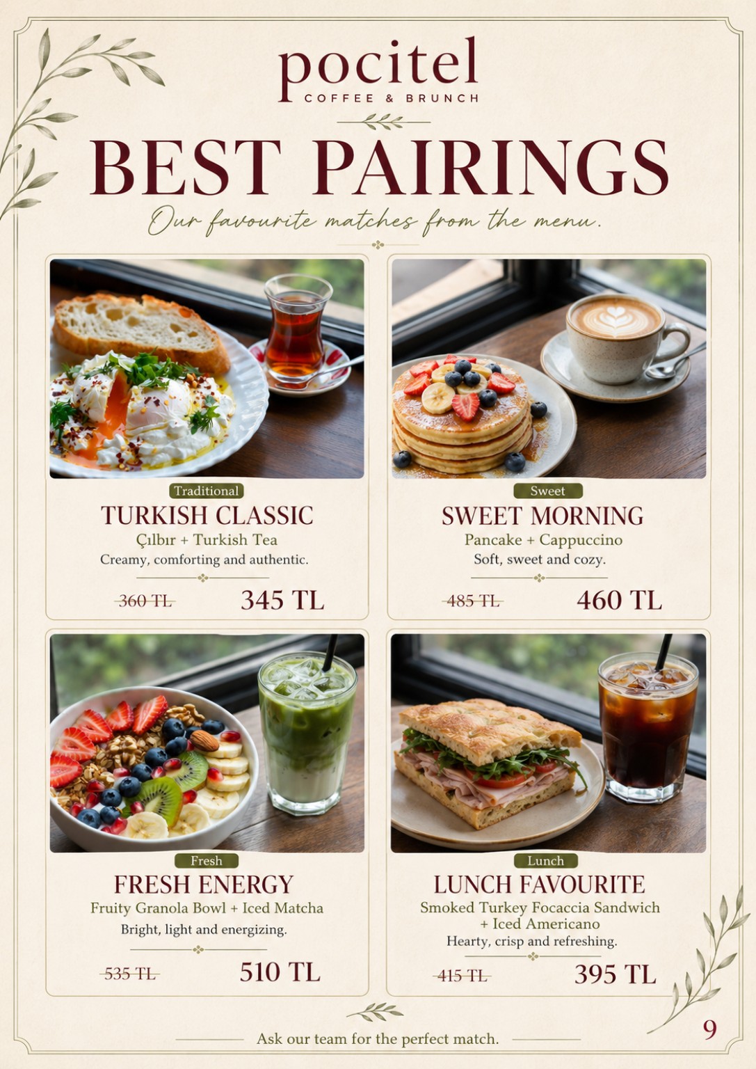 Предоставленная страница BEST PAIRINGS: Turkish Classic 345 TL вместо 360, Sweet Morning 460 вместо 485, Fresh Energy 510 вместо 535, Lunch Favourite 395 вместо 415